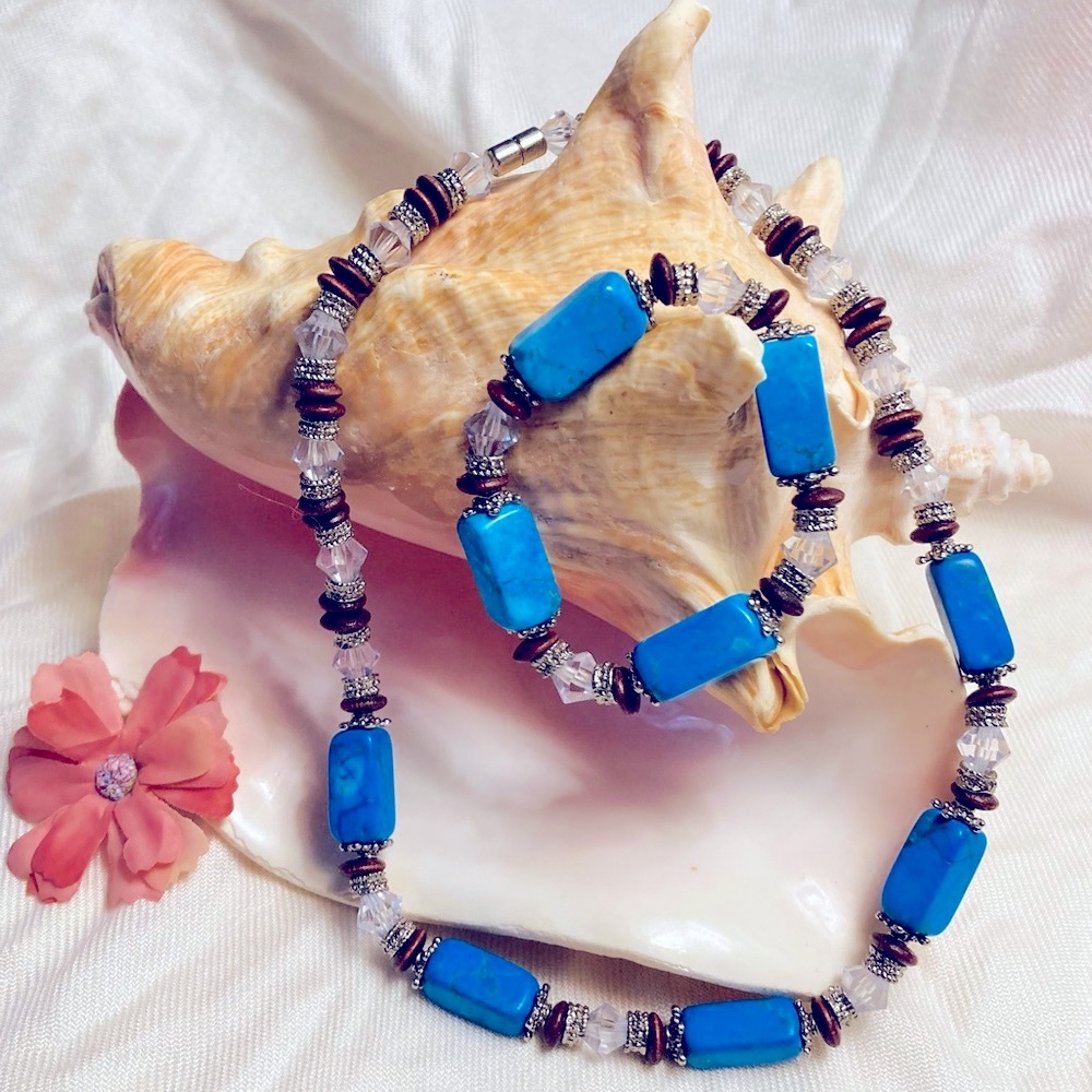 *3 for $20* Turquoise, wood, and silver necklace and bracelet set